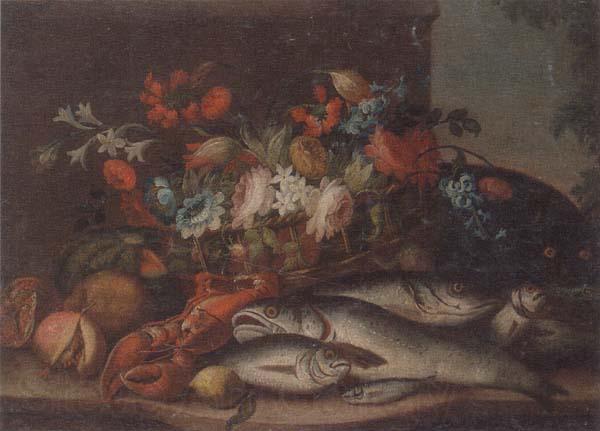 unknow artist Still life of a basket of flowers,fruit,lobster,fish and a cat,all upon a stone ledge Norge oil painting art